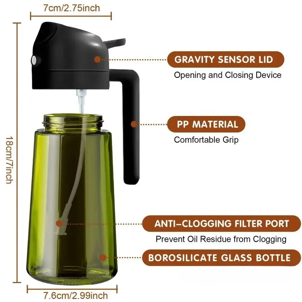 A black gravity sensor lid olive oil dispenser bottle with a glass bottle and anti-clogging filter port.