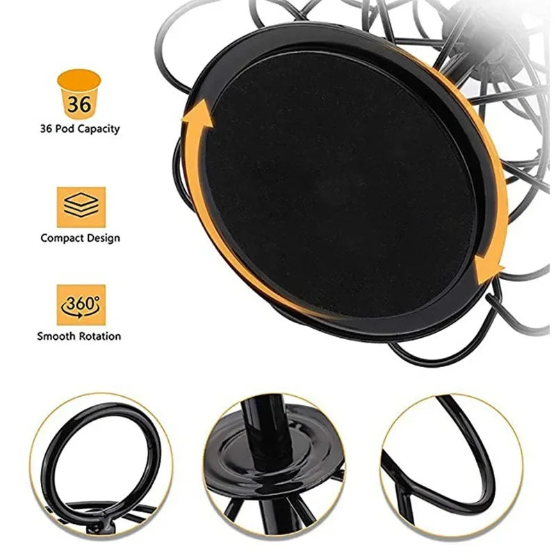 Black rotating coffee pod storage rack with 36 pod capacity and smooth rotation features