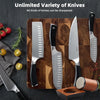 A set of various knives and a sharpening rod are displayed on a wooden cutting board.