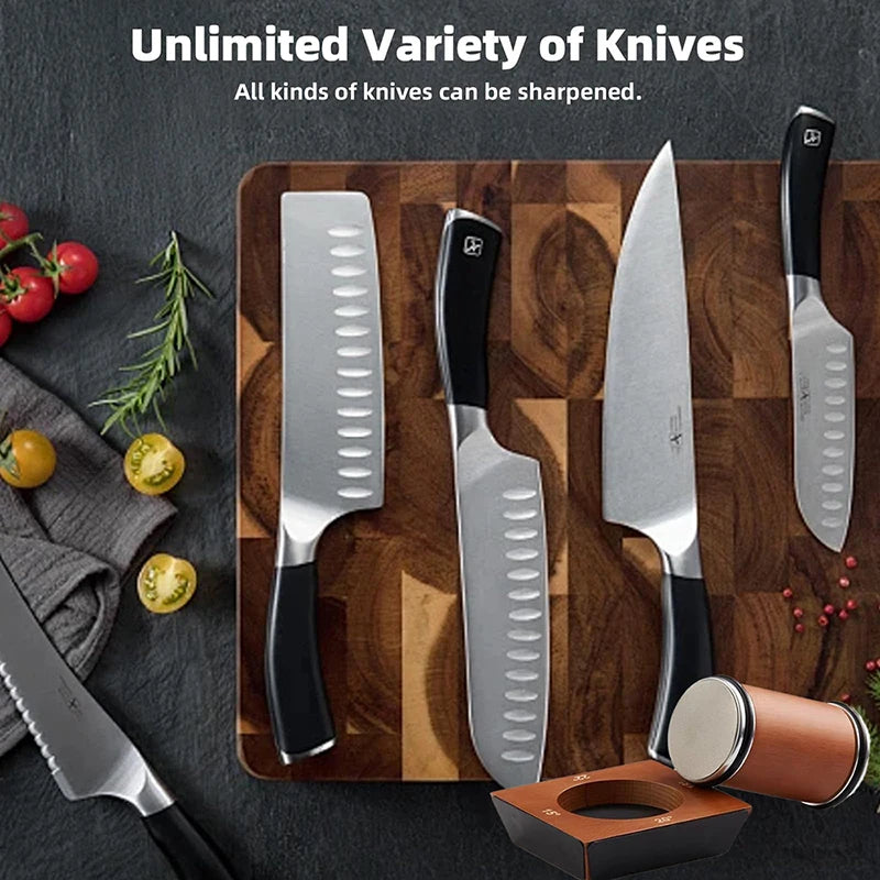 A set of various knives and a sharpening rod are displayed on a wooden cutting board.