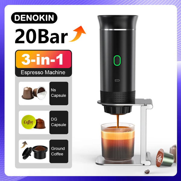 Schwarze 3-in-1 Espressomaschine mit 20-Bar-Pumpe, die Kaffee in ein Glas brüht.