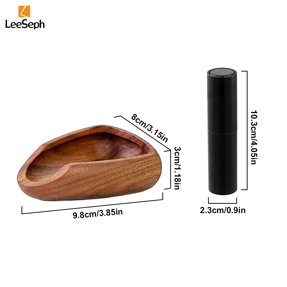 A wooden coffee bean dosing cup and spray bottle set with a black cap and dispenser.