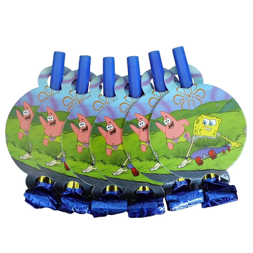A set of disposable party decorations featuring SpongeBob characters on blue paper tags.
