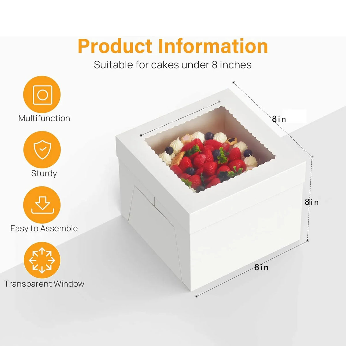 White square window cake box with a transparent window filled with fresh strawberries and cream.