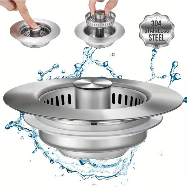Edelstahl-Spülbeckenabfluss mit Pop-up-Sieb zum Ablassen von Wasser.