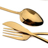 A gold-toned stainless steel dinnerware set featuring a spoon and a fork.