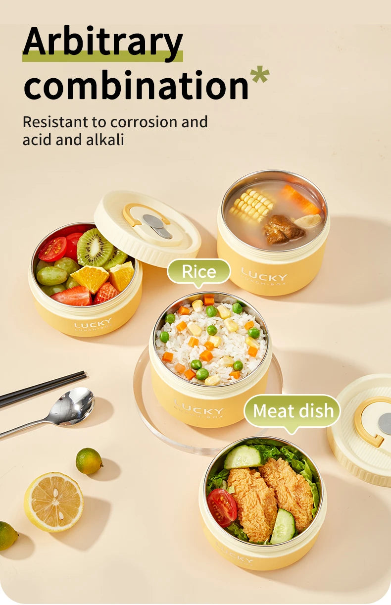 A set of yellow portable stackable thermal lunch boxes filled with various food items like rice, meat dish, and fruit.