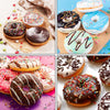A collection of colorful frosted donuts and glazed donuts displayed on a wooden surface.