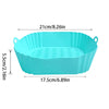 Light blue reusable silicone air fryer liner pot with dimensions 21cm by 17.5cm and a depth of 5.5cm.