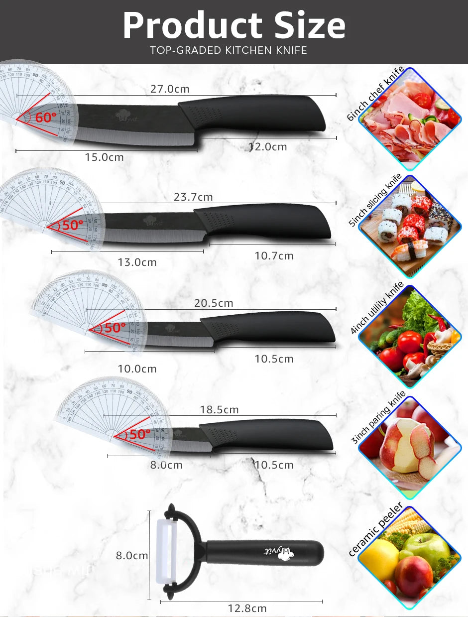 Collection de couteaux de cuisine en céramique de différentes tailles et angles, y compris un couteau de chef, un couteau à t