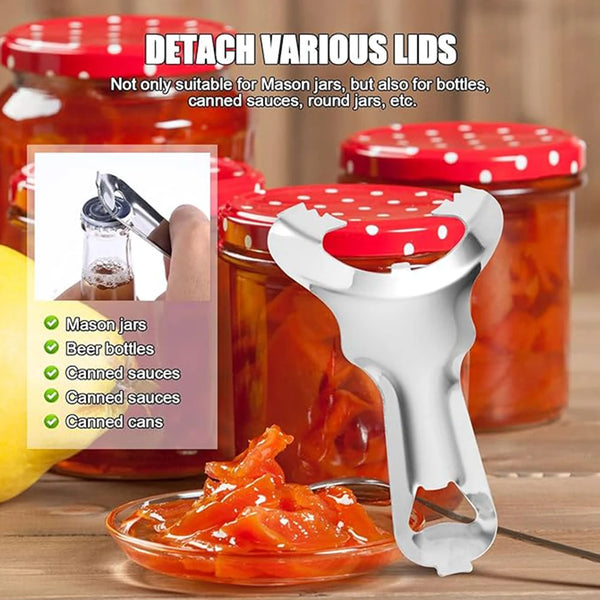 Stainless steel jar opener tool used to detach lids from various jars and cans.