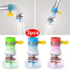 Tres alargadores de grifo de silicona con filtros de agua mostrados en diversas configuraciones y contextos de uso.