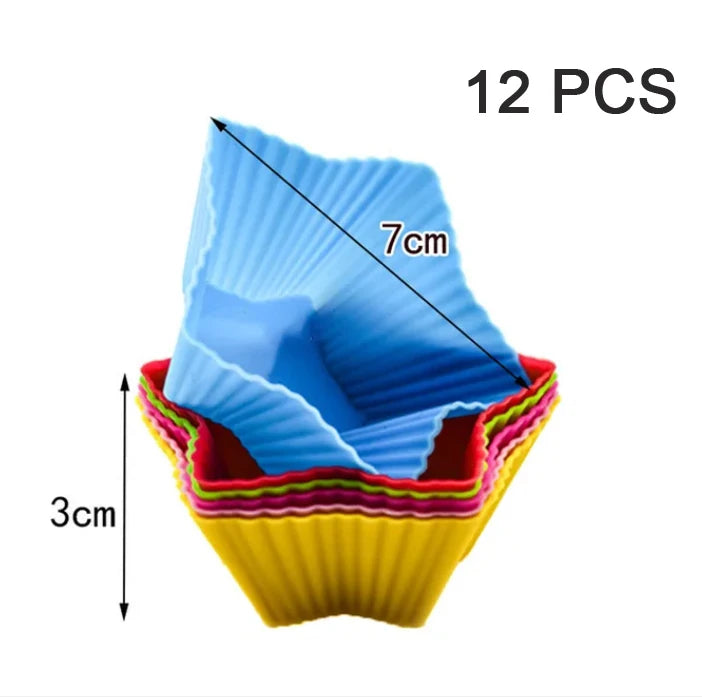 A set of 12 silicone muffin and cake baking molds in various colors, showing the depth and shape of the molds.