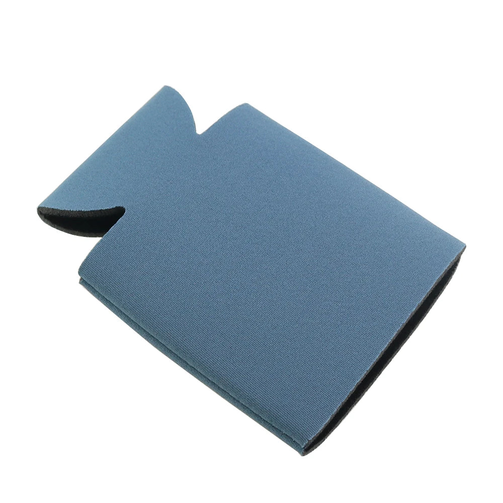 A folded blue neoprene drink sleeve designed for reusable bottles and cans.