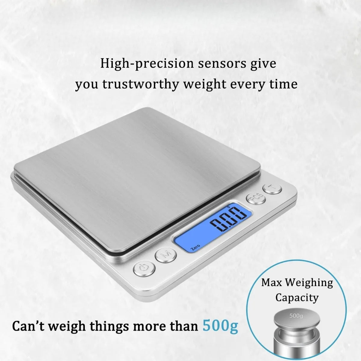 A silver digital kitchen scale displaying 0.00 and a weight capacity limit of 500g.