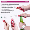 Hands demonstrate the steps for using a portable beer bottle opener and cap launcher tool.