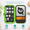 A green and black digital weighing scale is shown with specifications for readability, minimum capacity, and maximum capacity