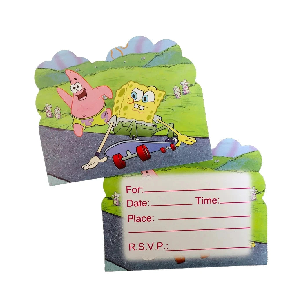 A cartoon image featuring SpongeBob and Patrick characters on a green background for a party invitation.