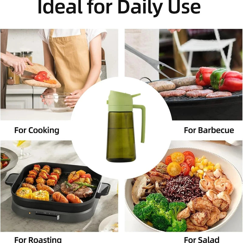A green dual-function oil sprayer bottle shown in various cooking contexts like for cooking, barbecue, roasting, and salad.