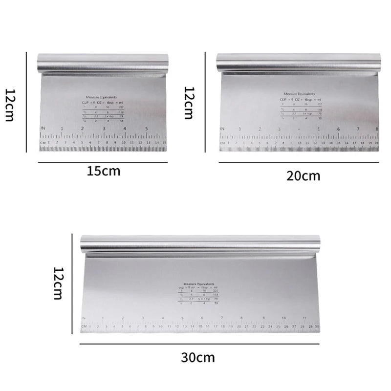 Stainless steel cake scraper and dough cutter with a measuring scale shown in various lengths.