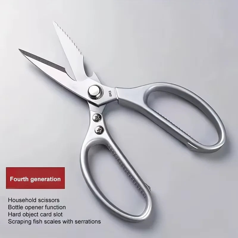 Silver heavy-duty multifuncional kitchen scissors with serrations and a bottle opener function