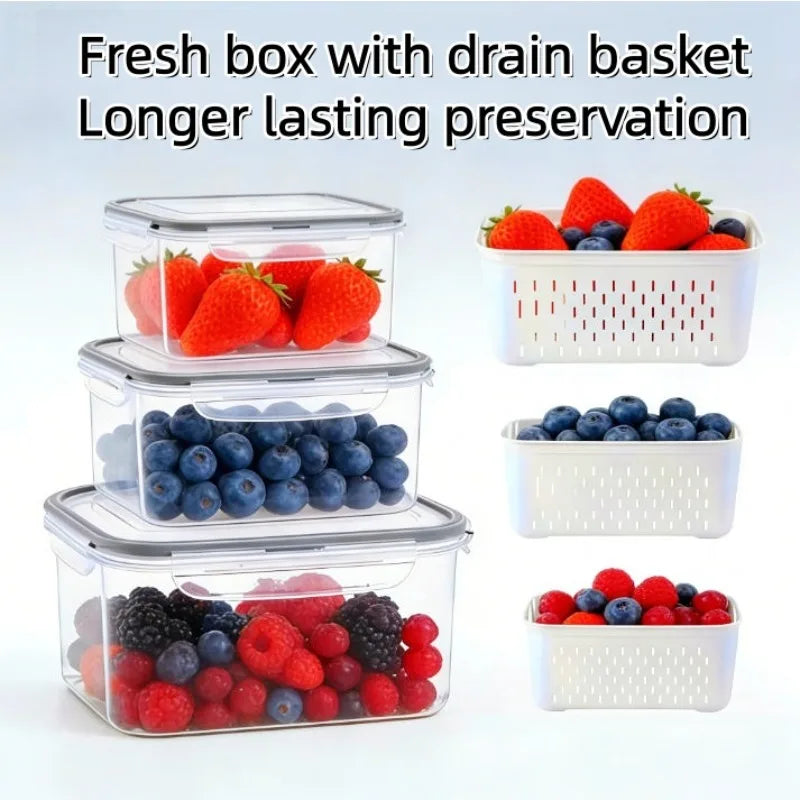 Six clear plastic storage containers filled with fresh strawberries, blueberries, and raspberries, featuring drain baskets fo