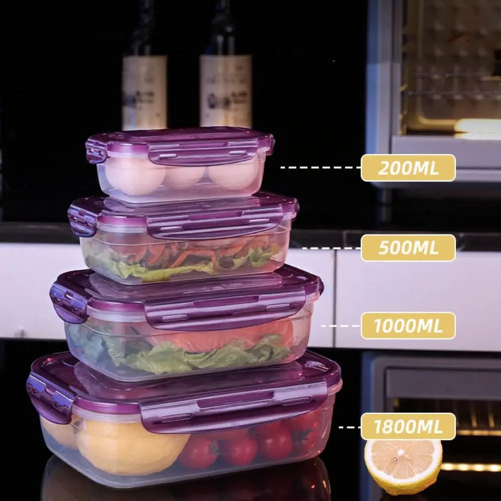 Stack of purple and clear airtight refrigerator storage boxes with various liquid measurements labeled