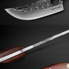 A close-up view of a polished blade and wooden handle of an wxcoo chef knife.