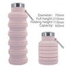 A pink collapsible silicone water bottle with a silver cap and clip, shown in two views.