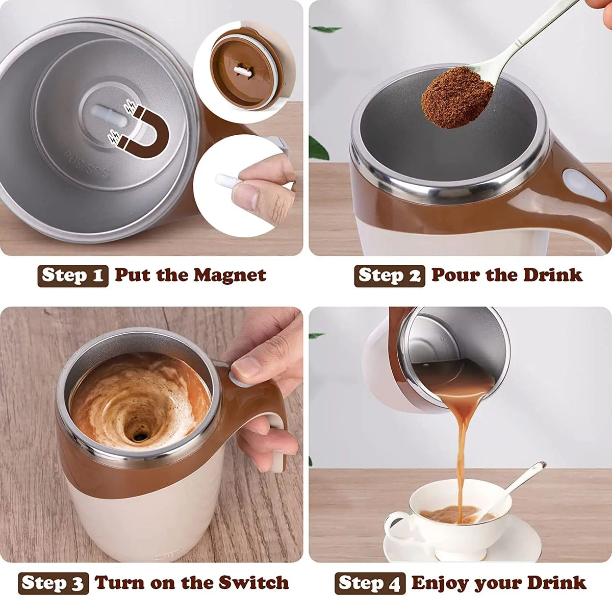 Step-by-step instructions showing how to use an electric magnetic stirring coffee mug for making a drink.
