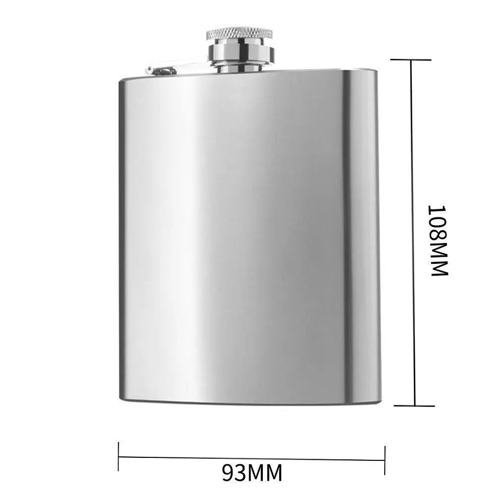 A silver portable stainless steel hip flask with a metal cap, shown in a side view.