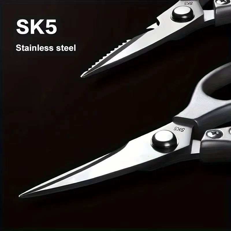 Close-up view of an SK5 stainless steel kitchen scissor with a pointed blade and grip.
