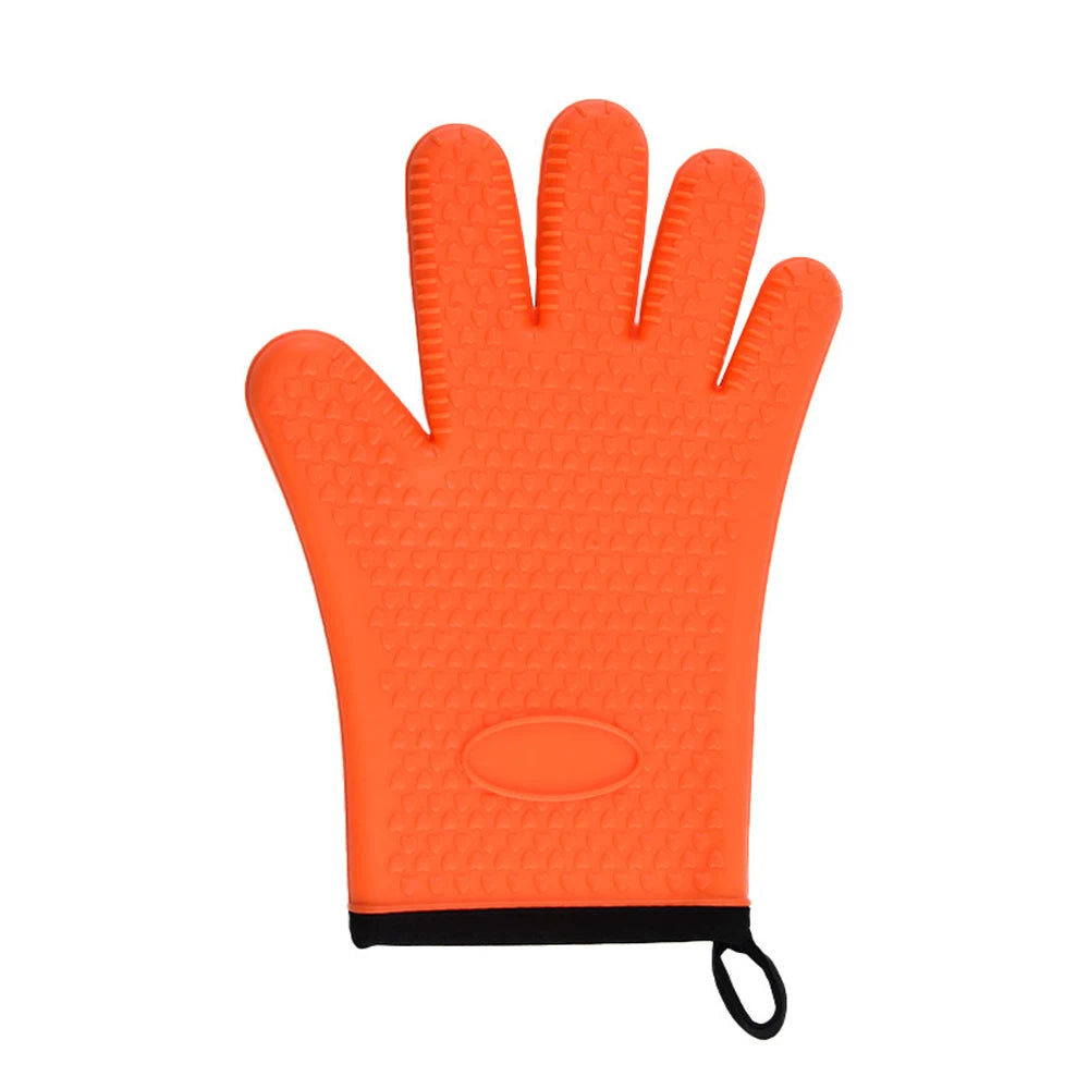 Orange silicone oven gloves with a textured grip and a black cuff.