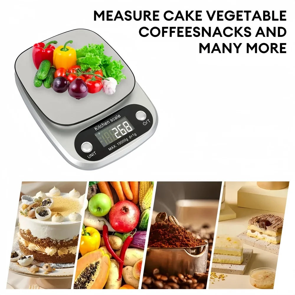 A digital kitchen scale measures various foods including vegetables, cakes, and coffees.