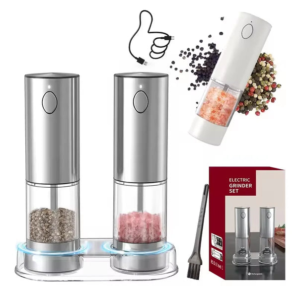A set of automatic rechargeable salt and pepper grinders, showing the grinders, grinding elements, and loose spices.