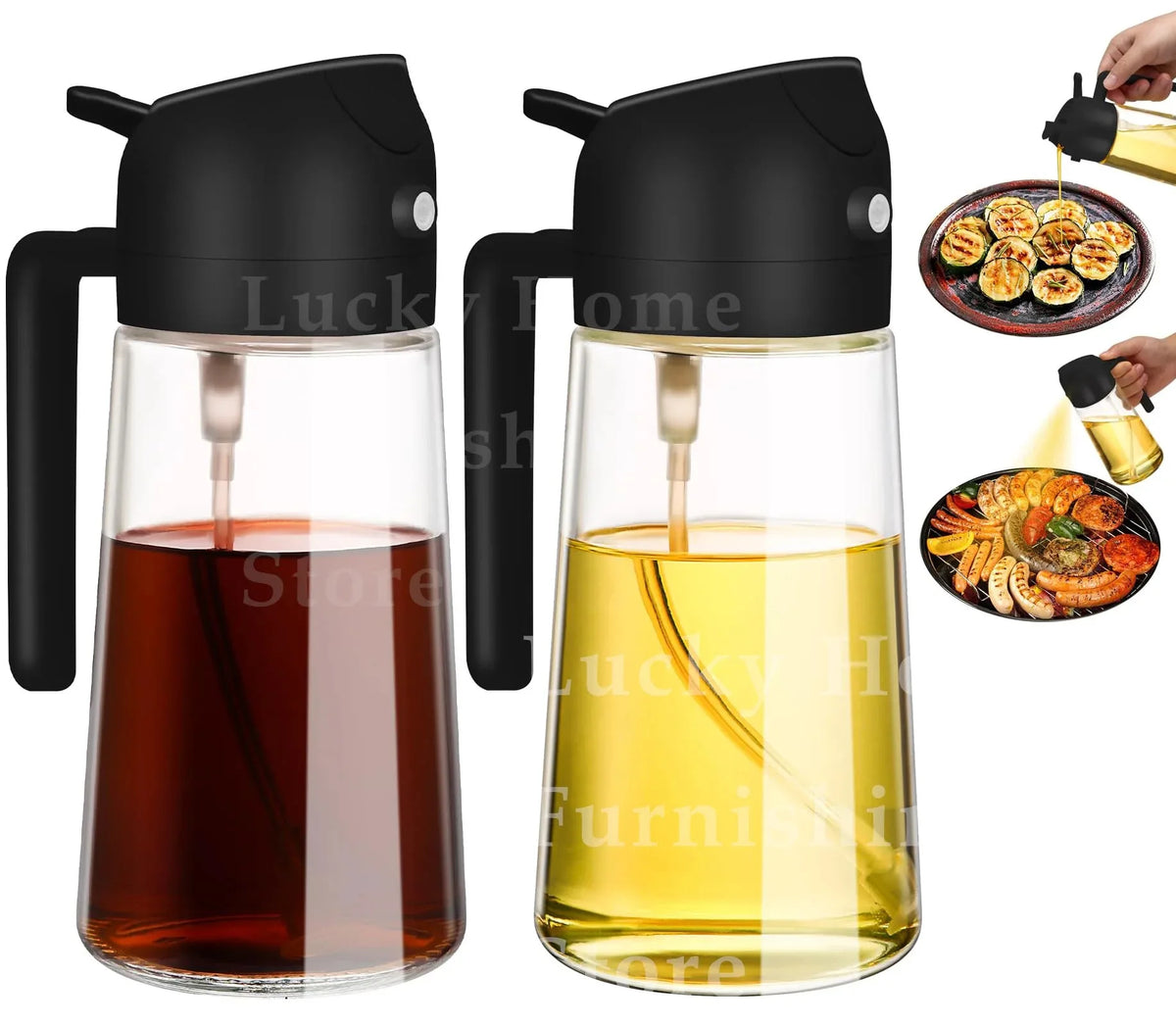 A set of two black glass oil sprayer bottles, one filled with dark liquid and the other with yellow oil, shown next to food.