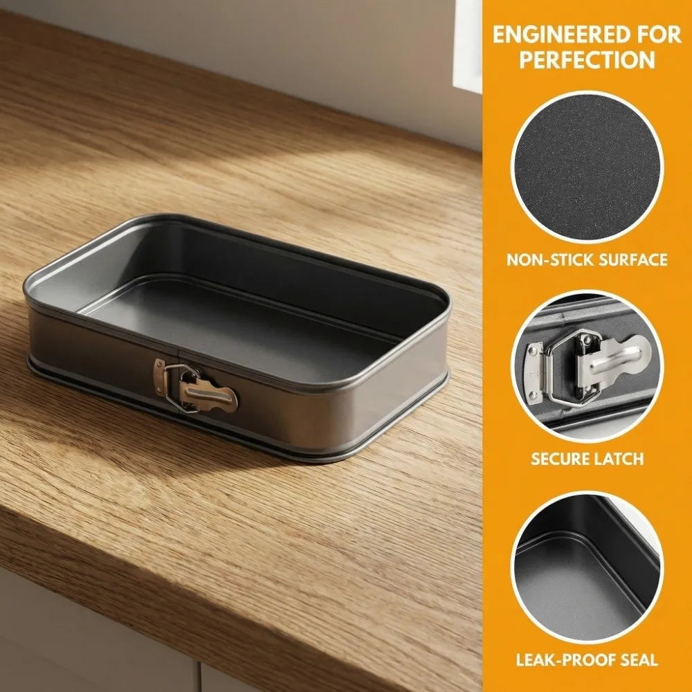 A rectangular carbon steel baking pan with a secure latch and leak-proof seal shown on a wooden surface.