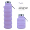 A purple collapsible silicone water bottle with a silver cap and a metal carrying loop.