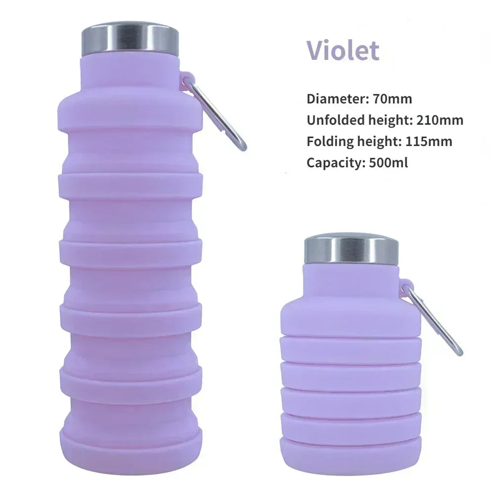 A purple collapsible silicone water bottle with a silver cap and a metal carrying loop.