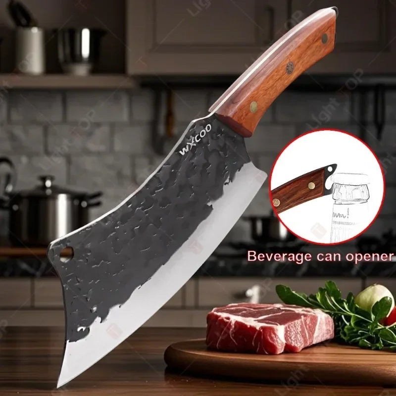 A forged chef knife with a black blade and wooden handle rests on a cutting board next to a piece of red meat.