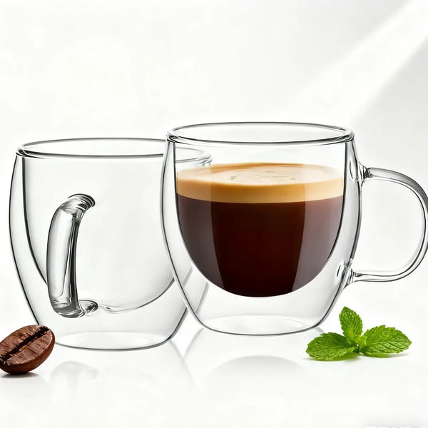Klare doppelwandige Glas-Kaffeetasse mit dunkem Kaffee und leichter Schaumschicht auf weißem Untergrund.