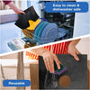 A reusable black cleaning cover is shown being used to protect a stack of blue plates in a dishwasher.