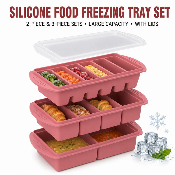 A set of pink silicone food freezing trays, including 2-piece and 3-piece sets with lids, shown stacked.