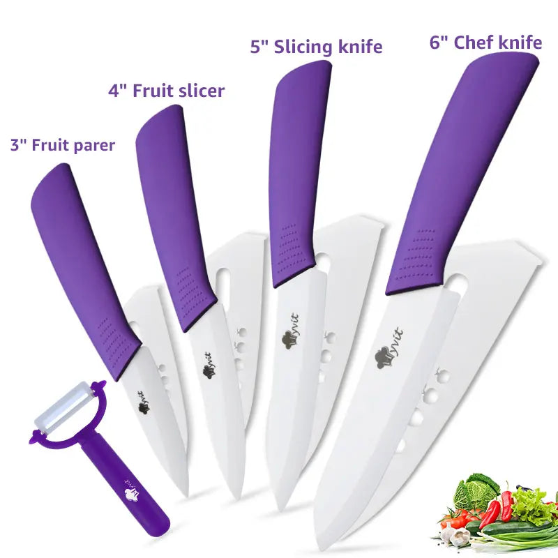 Un jeu de couteaux de cuisine en céramique violet et blanc, incluant des couteaux à trancher et de chef de 3, 4, 5 et 6 pouce