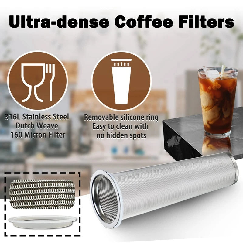 A silver stainless steel coffee filter and pitcher for making cold brew coffee