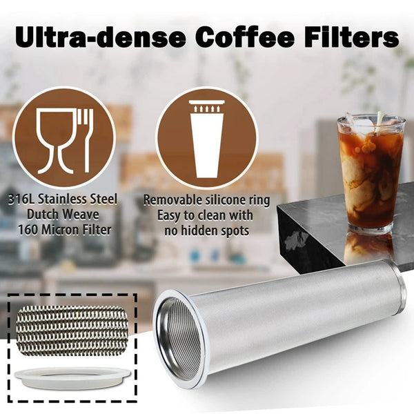Silberner Edelstahlfilter und Krug für Cold Brew Kaffee