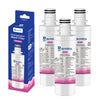 A package and three replacement cartridges for a Pure140 refrigerator water filter.