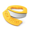 A yellow and silver pizza cutter with a handle and blade shown from the side.
