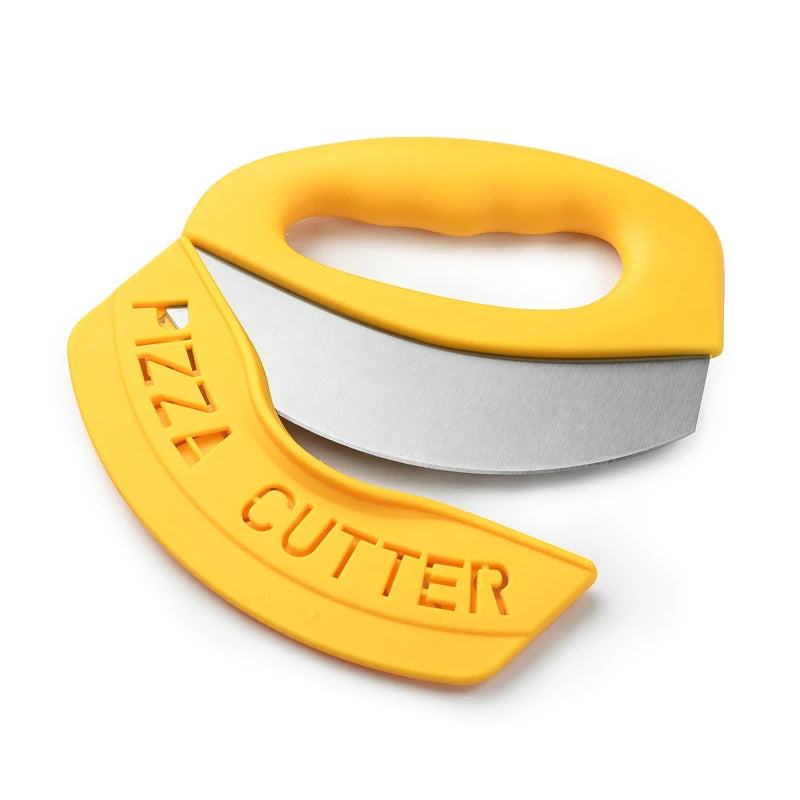 A yellow and silver pizza cutter with a handle and blade shown from the side.