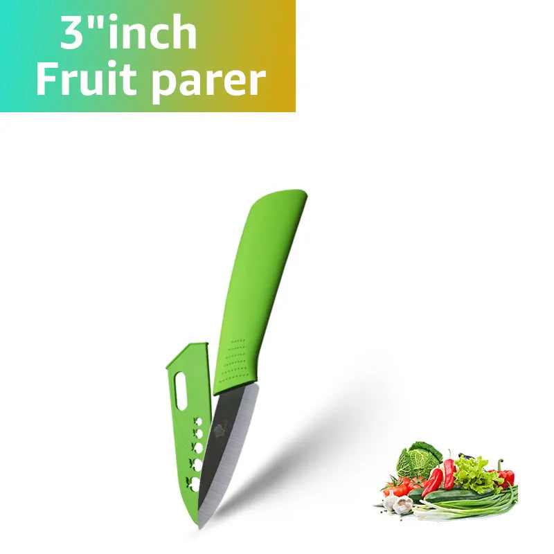 A bright green fruit parer knife with a serrated blade and a small blade visible on a white background.
